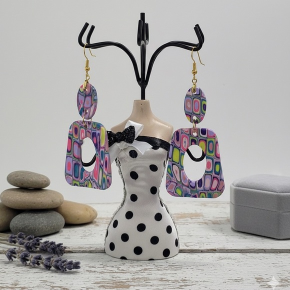 Handmade Geometric Dangle Earrings –Bold, Artsy, Handmade Polymer Clay Host Pick - Picture 12 of 15